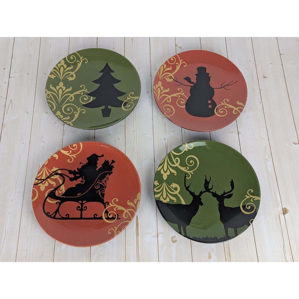 Set 4 Noble Excellence Gold Scroll 8" Holiday Plates Snowman Santa Xmas Decor